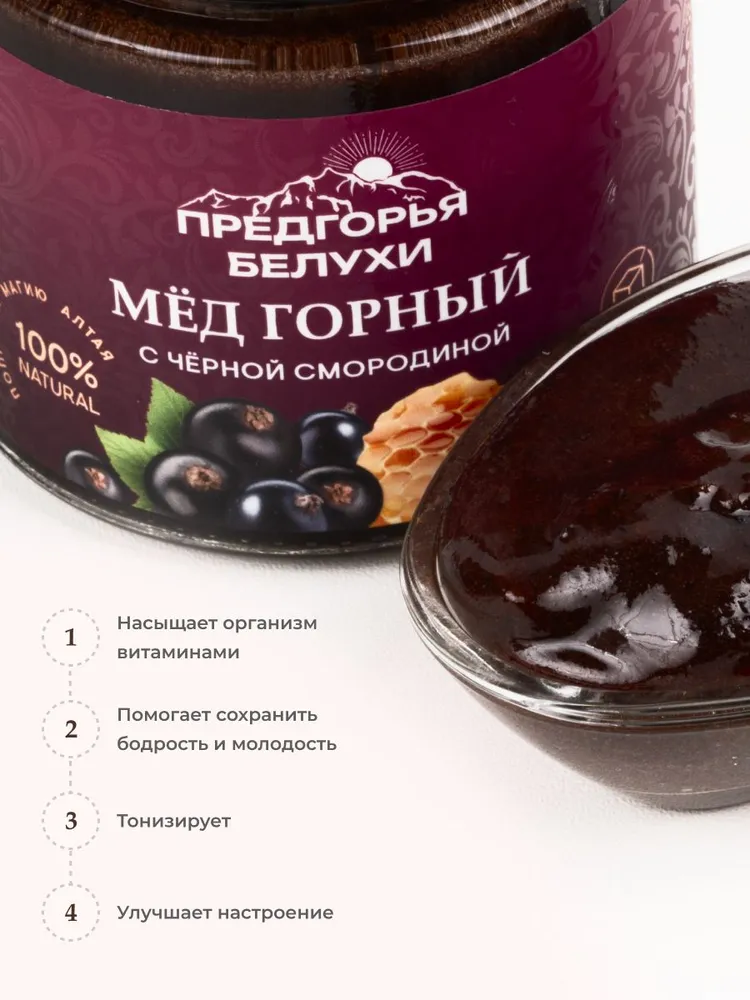 Мед горный натуральный разнотравье с черной смородиной Предгорья Белухи, 240 г