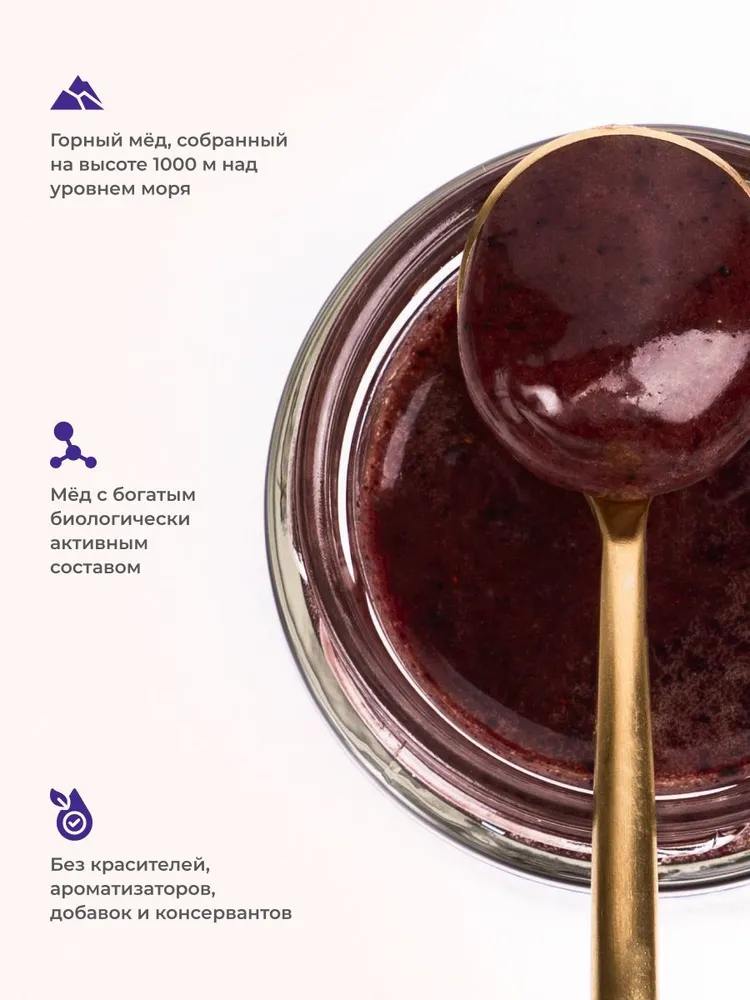 Мед горный натуральный разнотравье с черникой Предгорья Белухи, 240 г