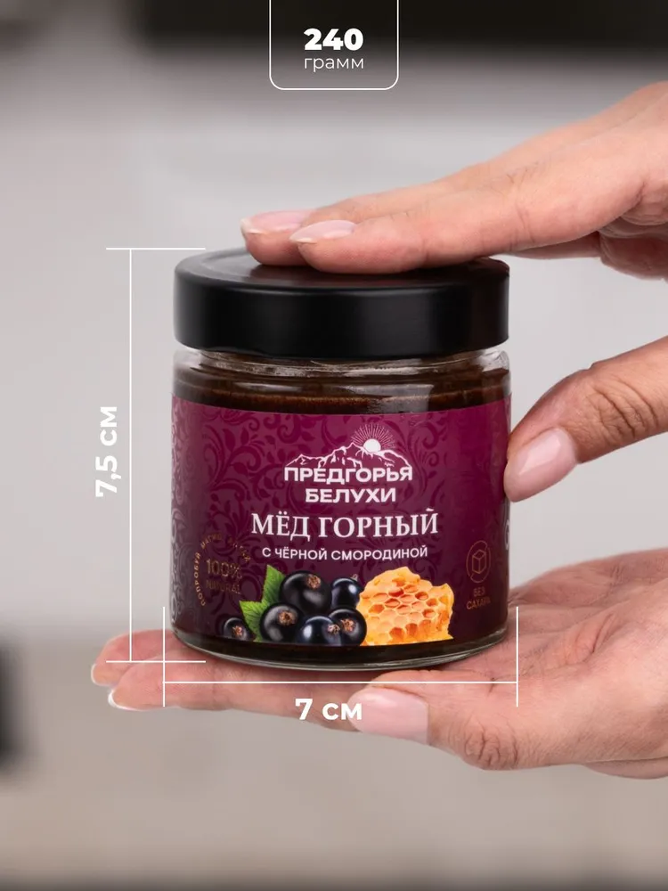 Мед горный натуральный разнотравье с черной смородиной Предгорья Белухи, 240 г