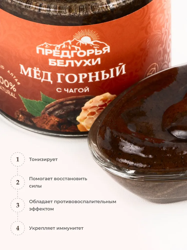Мед горный натуральный разнотравье с чагой, 240 г